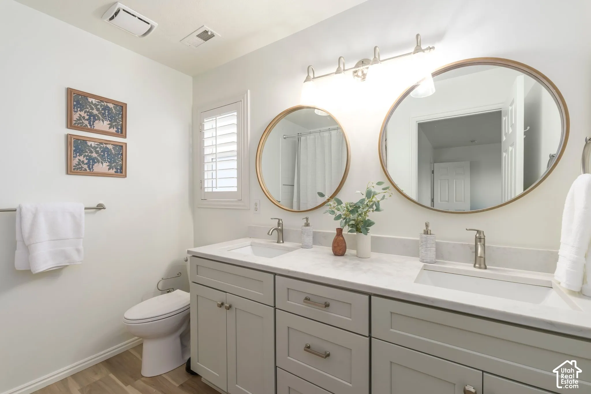 Dual-sink vanity with neutral-toned cabinetry, light-colored stone-finish countertop, round gold-tone framed mirrors, and wood-finish flooring