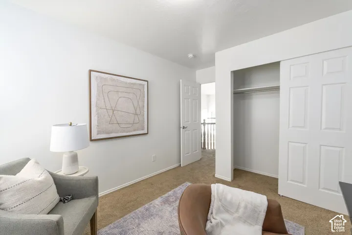 Room interior featuring neutral wall paint, wall-to-wall carpeting, six-panel interior doors, and a closet with sliding doors and built-in shelving