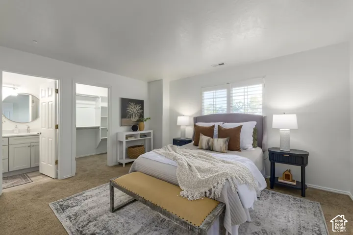 Neutral-toned room featuring wall-to-wall carpeting, windows with plantation shutters, a walk-in closet with built-in shelving, and a doorway opening to a bathroom with a white vanity and oval mirror