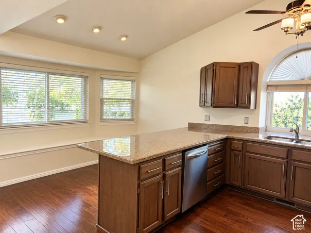 Kitchen bar, built in bench with storage, flex extra dining space. Glazed cabinets are lighter in person.