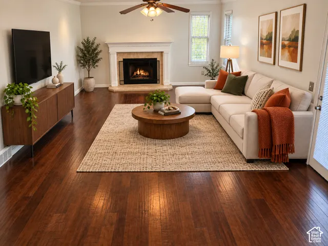 Family room with fireplace, walkout to patio