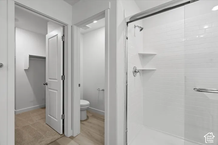 Walk-in shower with white subway tile surround, frameless glass door, and built-in shelving, complemented by a water closet and reach-in storage area with carpeted flooring