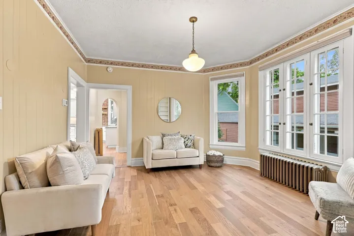 Darling family room area with stunning windows, powder-coated radiator, and new oak flooring.