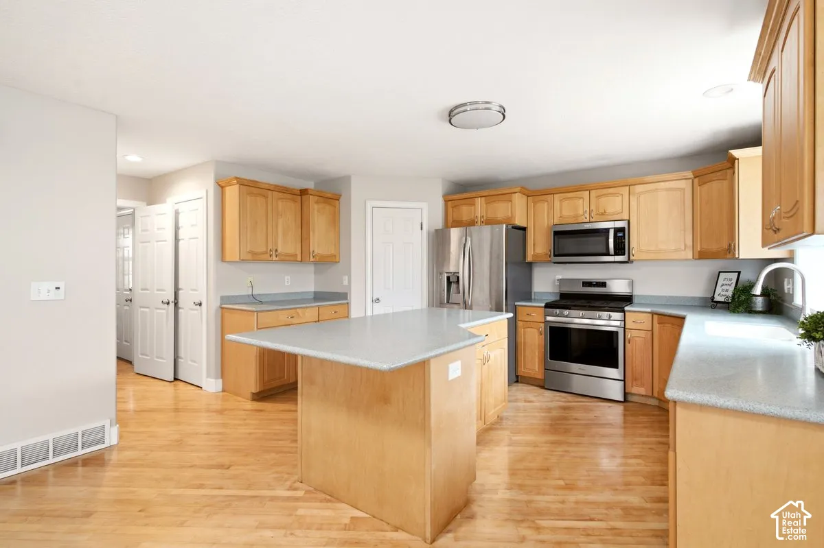 Kitchen featuring wood cabinetry, a central island with countertop seating, stainless steel appliances, and wood-finish flooring