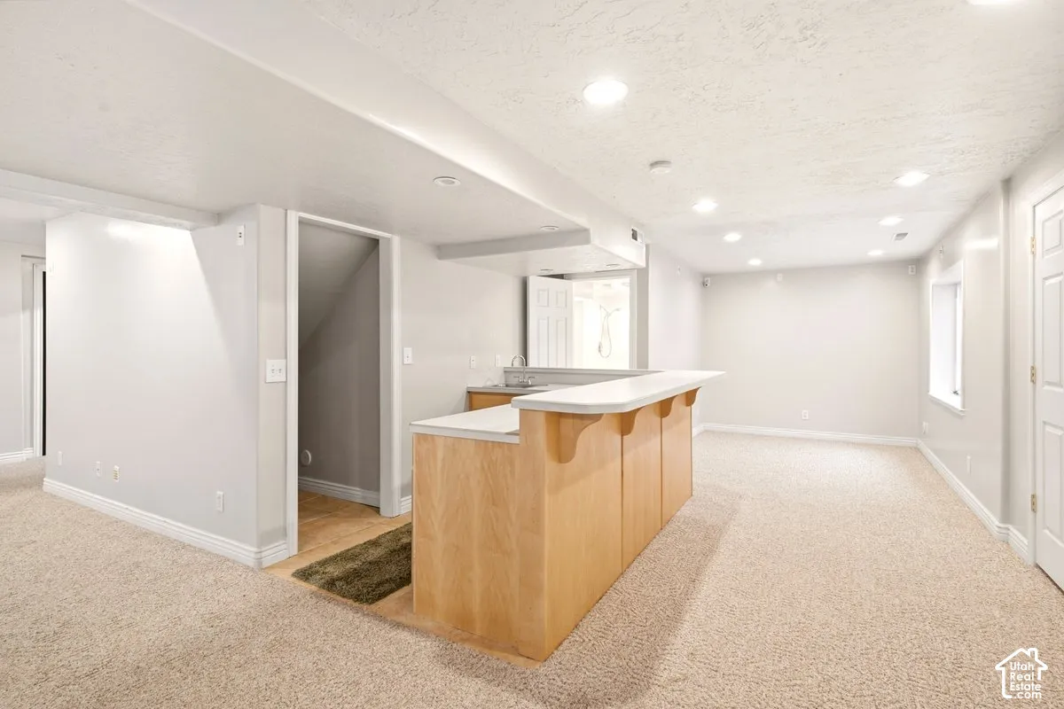 Built-in bar featuring light wood-finish cabinetry, solid-surface countertop, recessed ceiling lighting, and wall-to-wall carpeting