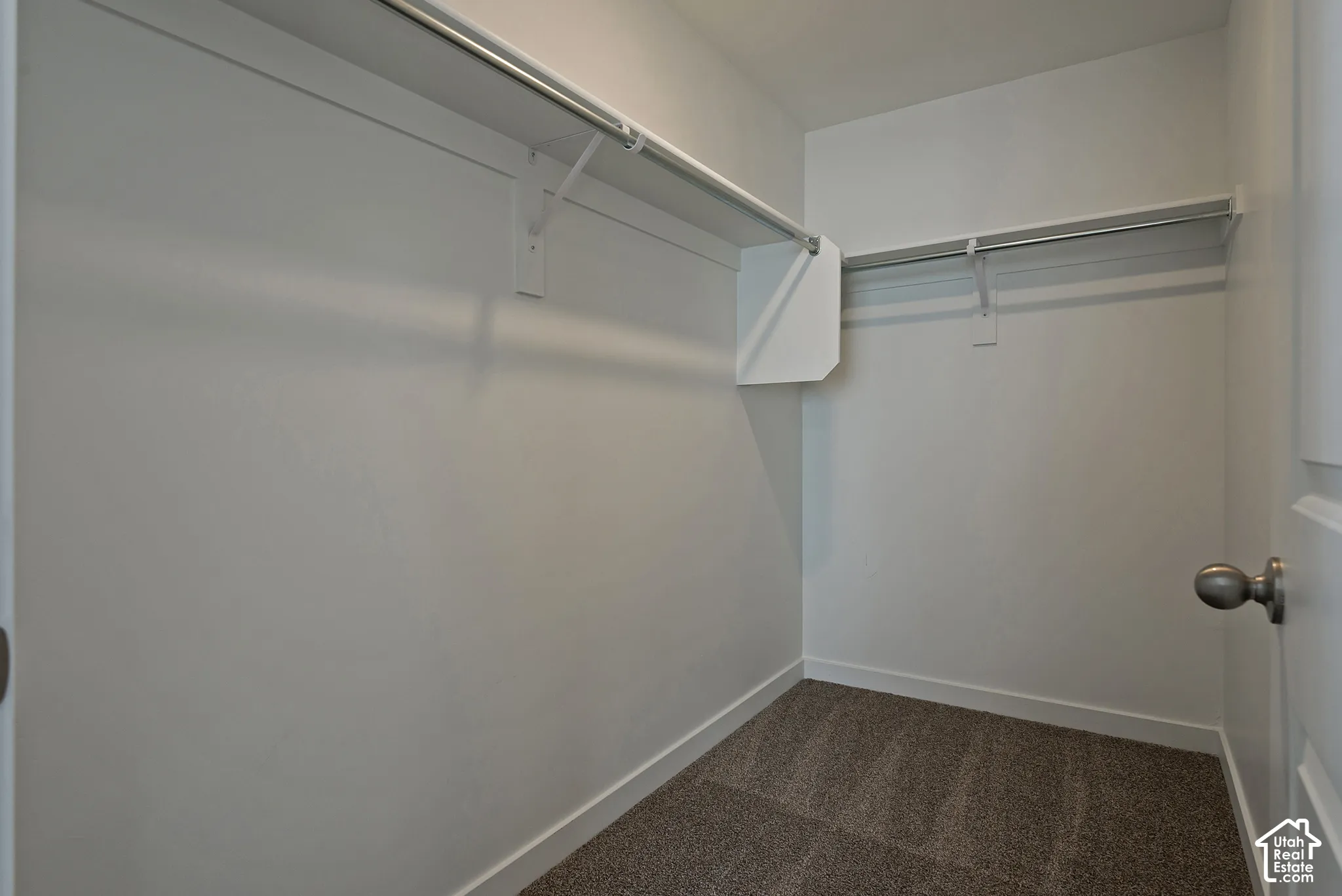 Walk-in closet featuring carpeted flooring and dual-level built-in white shelving with integrated hanging rods