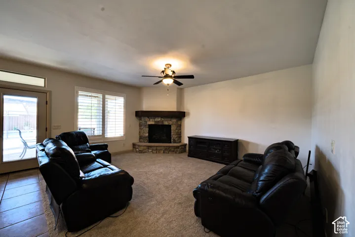 Living room with a door out to the backyard.