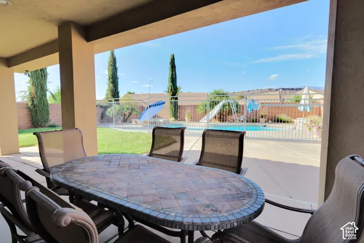 Covered patio overlooking the pool and yard.