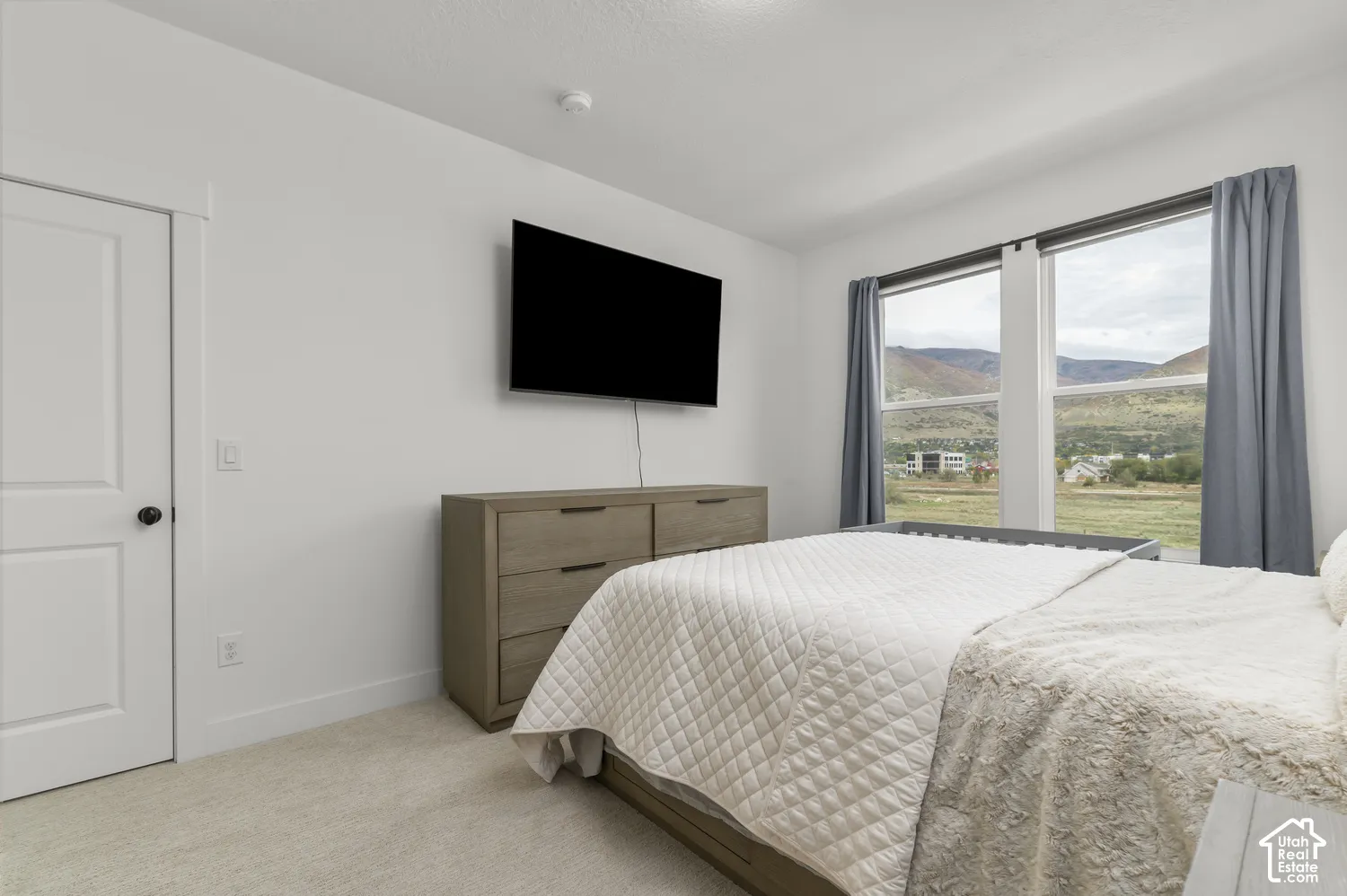 Neutral-toned room with plush carpeting, two-panel interior door, and dual windows featuring mountain scenery