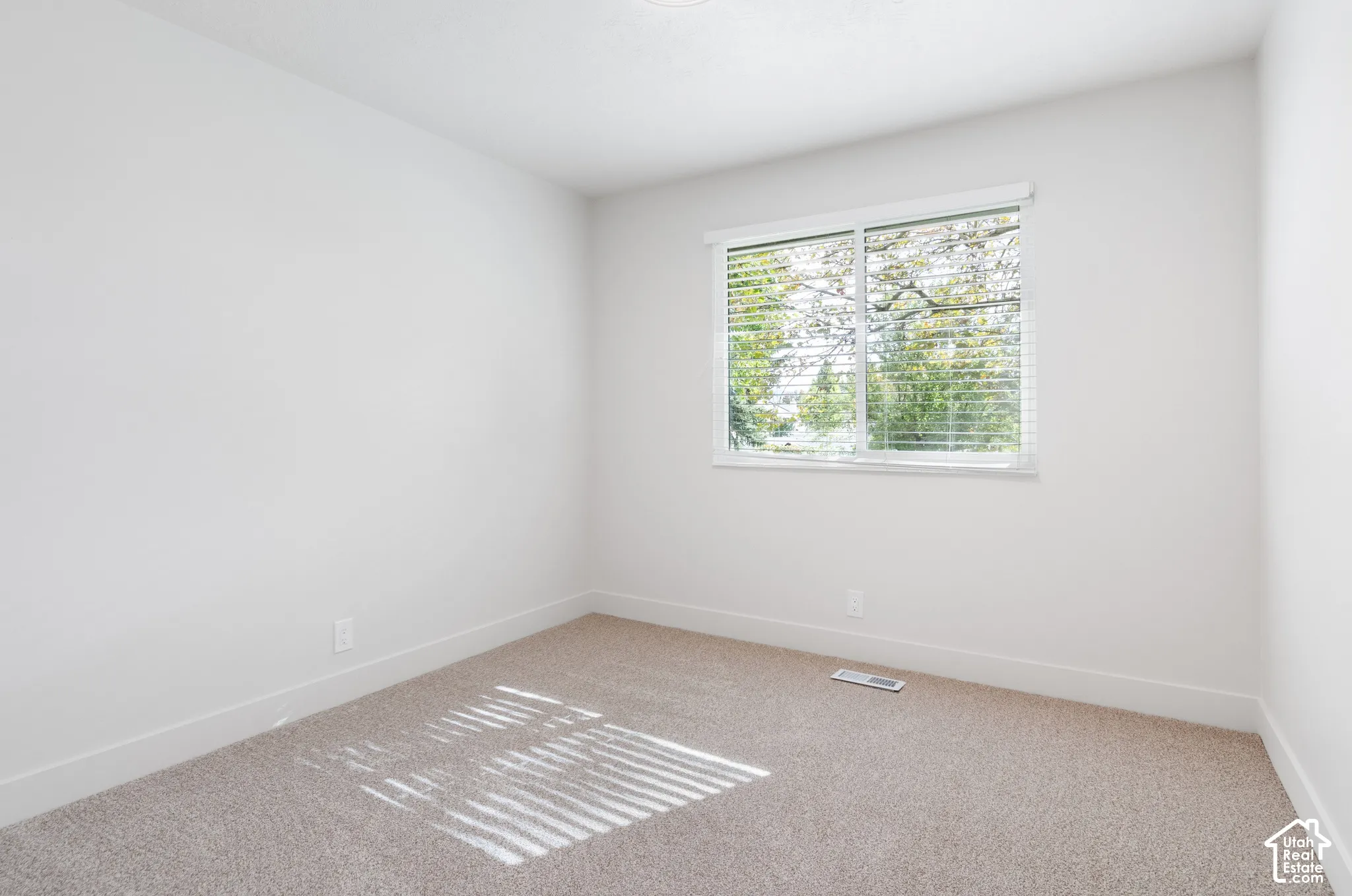 Neutral interior featuring light-toned wall-to-wall carpeting, crisp white walls, and a sliding window with horizontal blinds