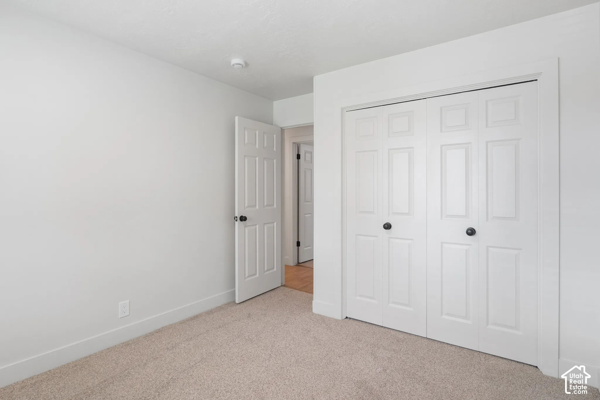 Neutral wall coloring, wall-to-wall carpeting, six-panel interior doors, and a double-door closet with spherical hardware