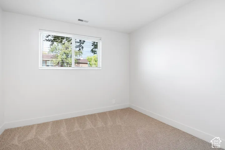 Neutral-toned interior space featuring light-colored wall paint, plush carpeting, and a sliding window with horizontal blinds