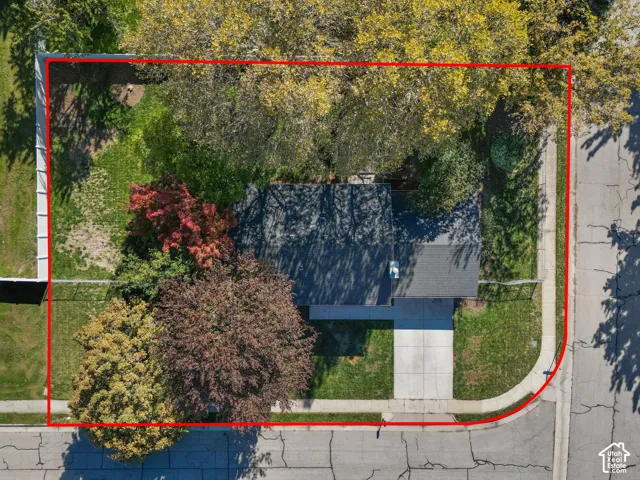 Corner lot featuring mature trees, a concrete driveway, a grass lawn, and a fenced perimeter