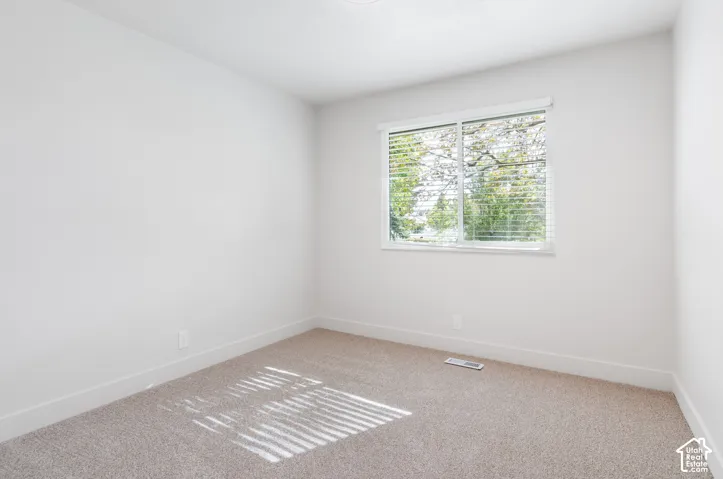 Neutral interior featuring light-toned wall-to-wall carpeting, crisp white walls, and a sliding window with horizontal blinds