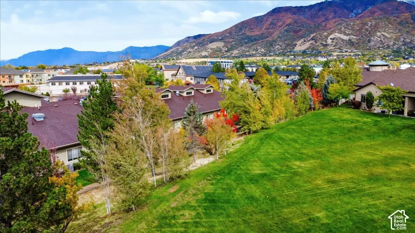 Aerial perspective featuring expansive grass landscaping, mature trees, and a mountain backdrop