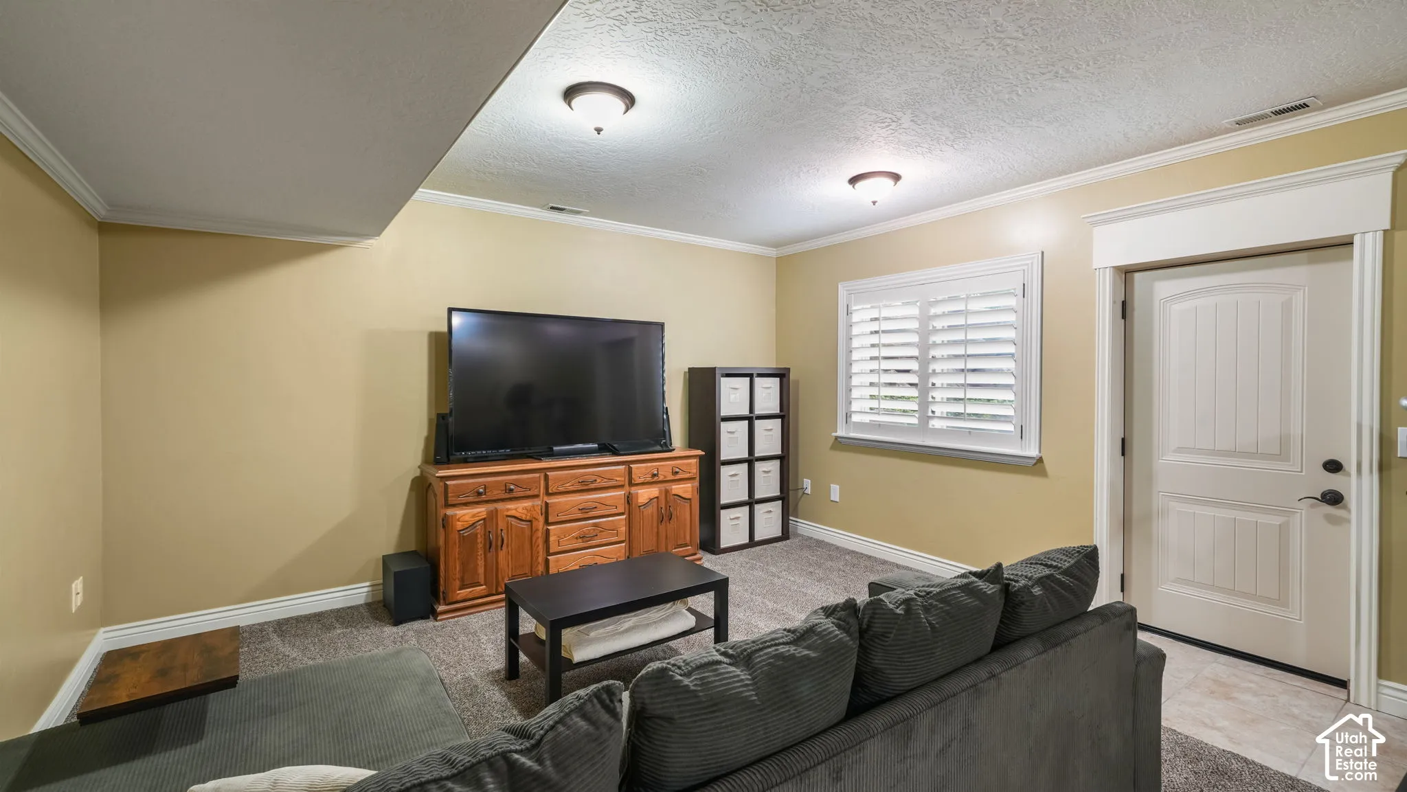 Room featuring wall-to-wall carpeting, crown molding, plantation shutters, and a six-panel door with architectural casing