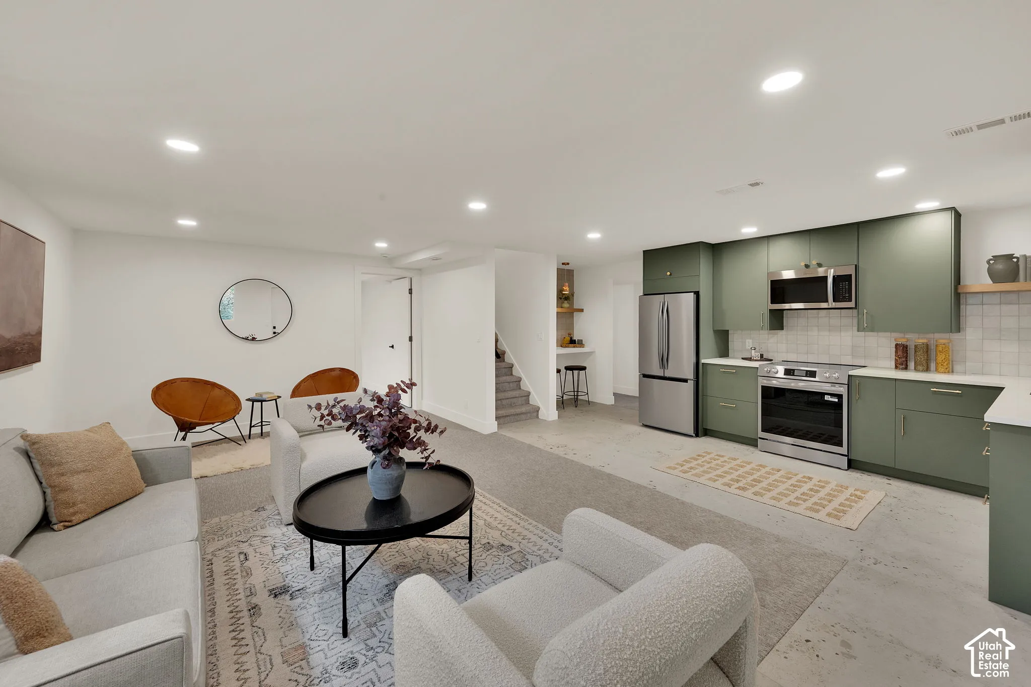 Basement living room and kitchen area