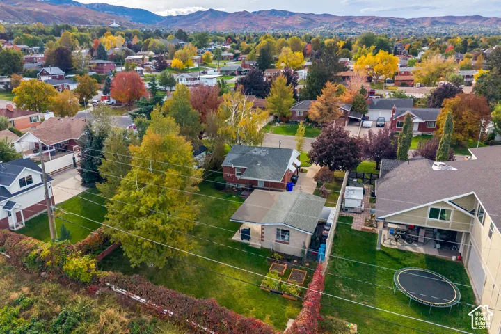 Aerial perspective of a residential property featuring a large manicured lawn, established deciduous trees, a detached carport, and perimeter hedging, set against a mountain backdrop