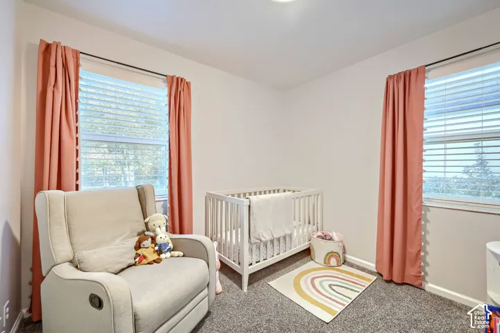 Neutral-toned interior space featuring dual windows, horizontal blinds, and wall-to-wall carpeting