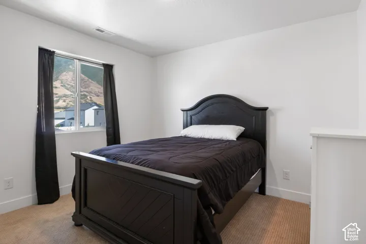 Neutral-toned wall-to-wall carpeting, crisp white wall finish, and a single-pane window featuring mountain scenery