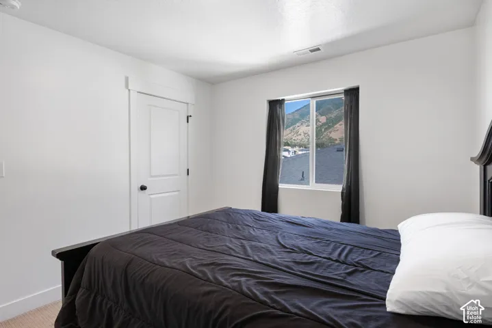Bedroom featuring neutral wall paint, a single-panel interior door with matte black hardware, and a sliding window with mountain scenery
