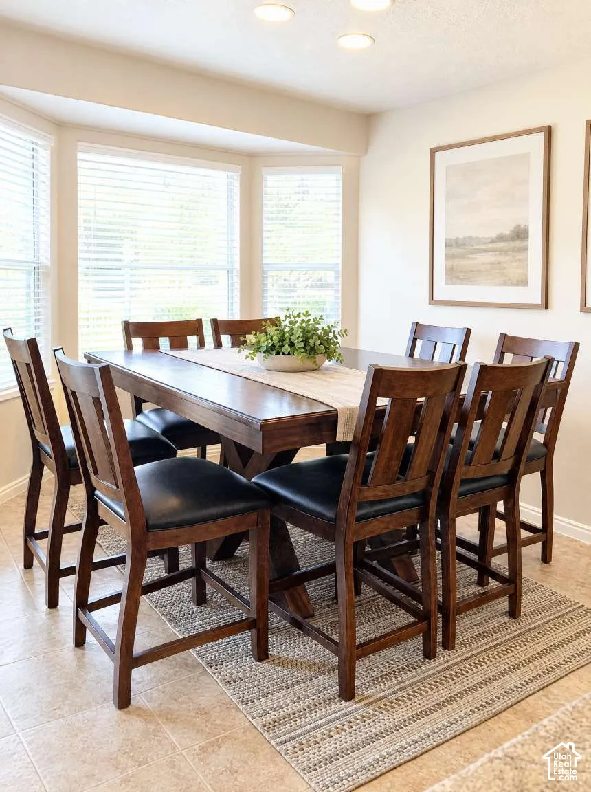 Bay window featuring multiple panels of natural light, neutral-toned tile flooring, and flush-mount ceiling lighting