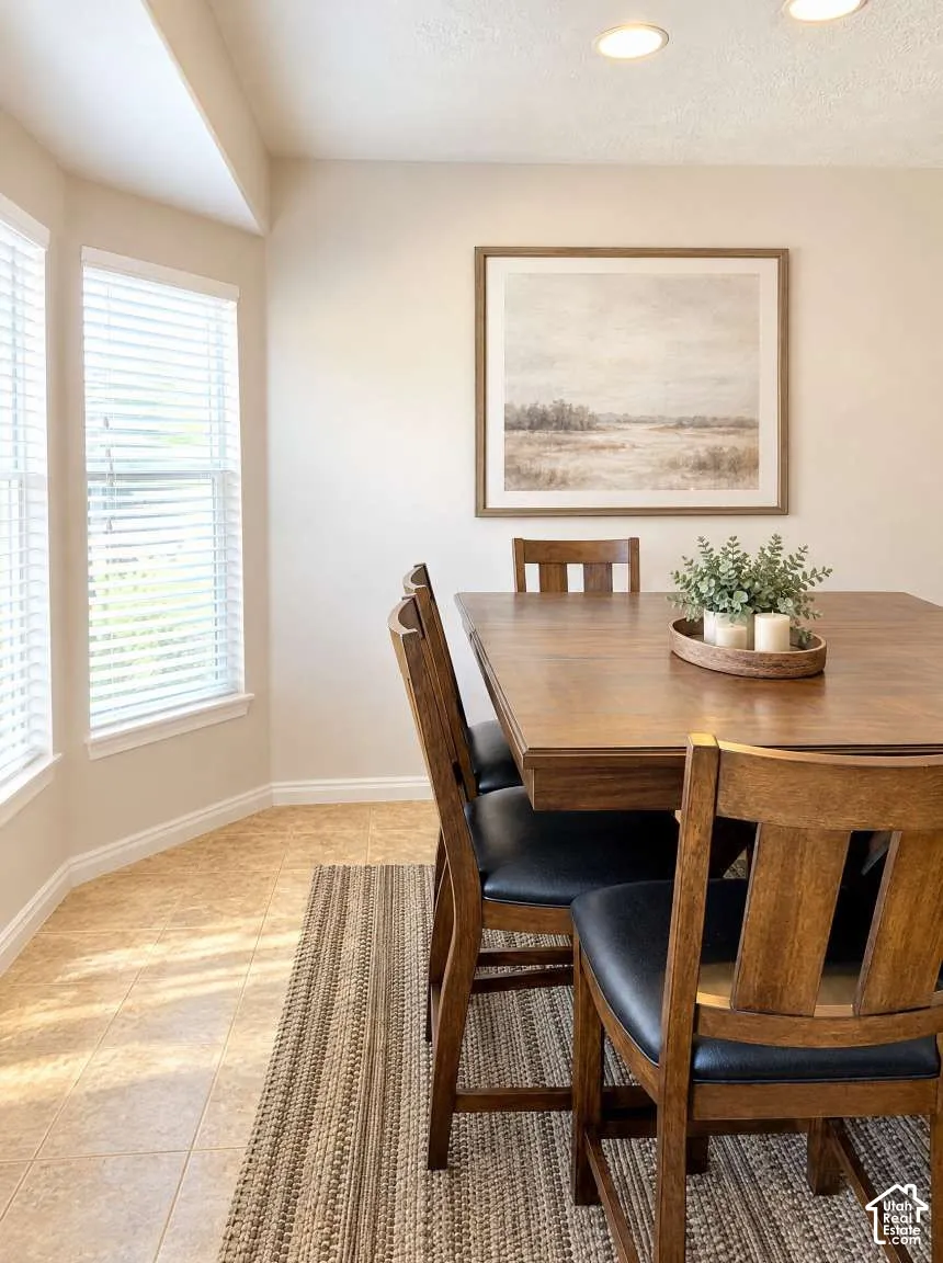 Neutral-toned interior space featuring large windows with fitted blinds, tile flooring, and recessed ceiling lighting