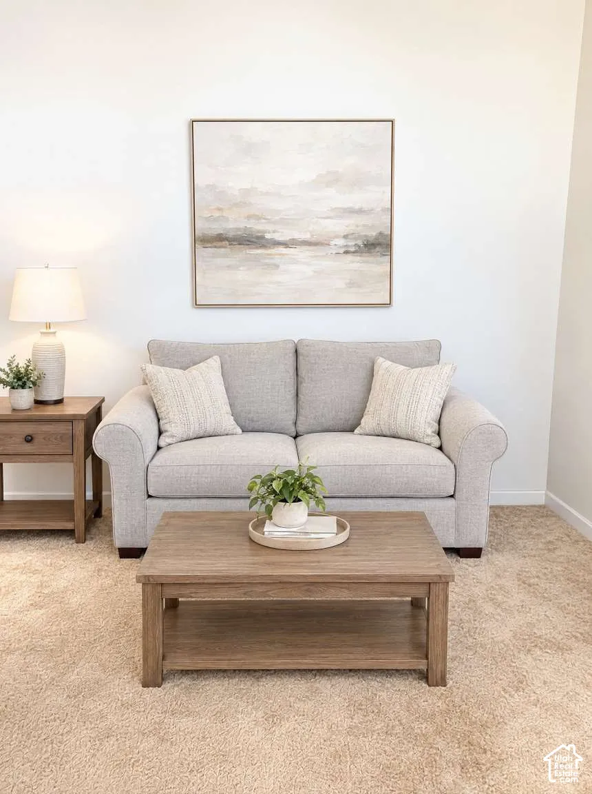 Neutral-toned wall finish and wall-to-wall carpeting