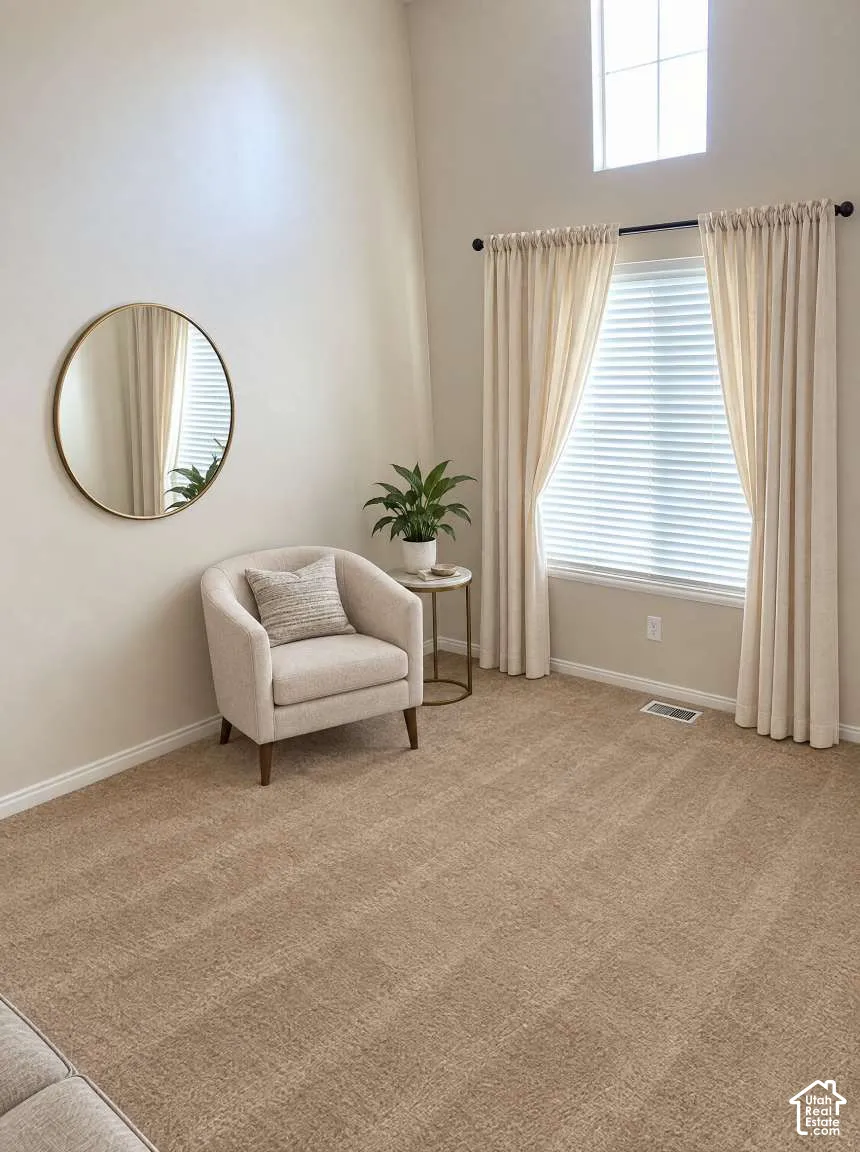 Vaulted ceilings, expansive windows with dual transoms, and neutral carpeting