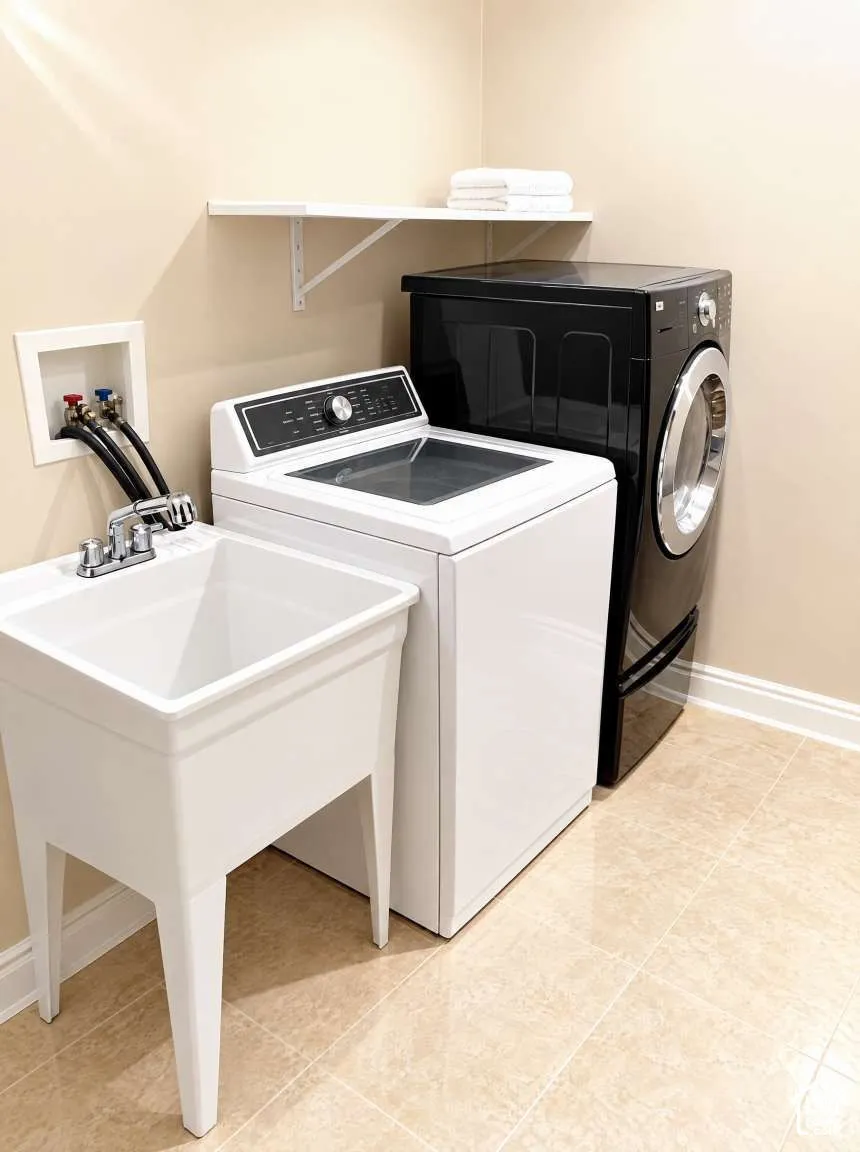 Utility area featuring a deep-basin white sink with a chrome faucet, neutral tile flooring, and a wall-mounted shelving unit