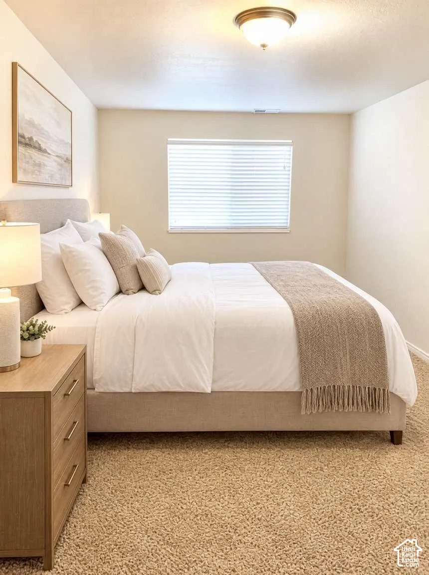 Neutral-toned interior space featuring carpeted flooring, a single-window configuration with horizontal blinds, and a dome-style flush mount ceiling light fixture