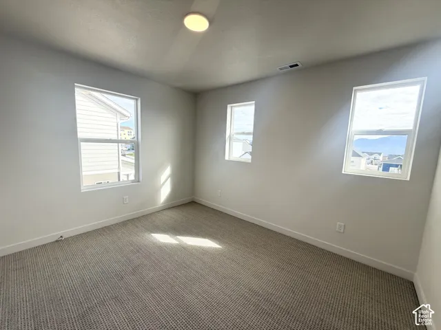 Neutral interior space featuring textured carpeting, three dual-pane windows, and a circular flush-mount ceiling light fixture