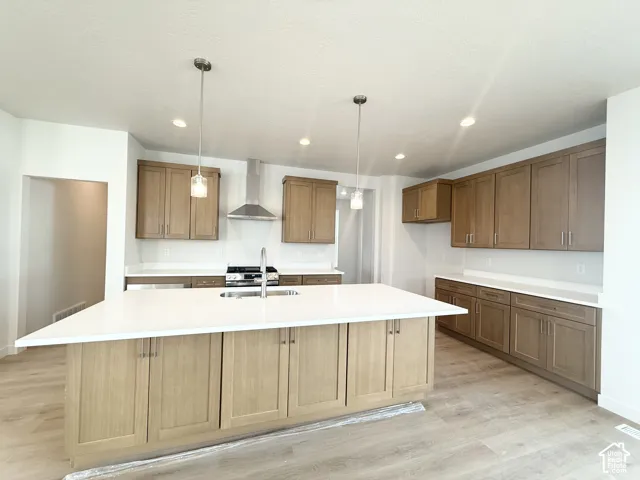Kitchen featuring light wood-finish cabinetry, a large central island with a solid surface countertop, stainless steel range hood, recessed lighting, and wood-finish flooring