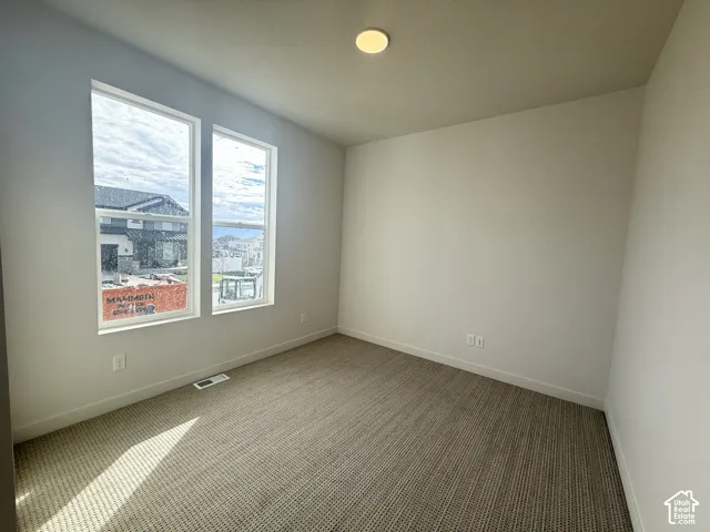 Neutral-toned wall finish, dual windows with natural lighting, and textured wall-to-wall carpeting with a flush-mount overhead light fixture