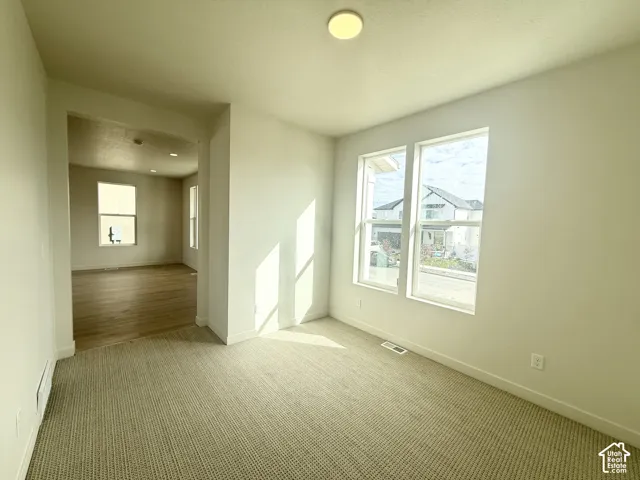Neutral-toned carpeted flooring, large dual-pane windows, and flush-mount ceiling lighting