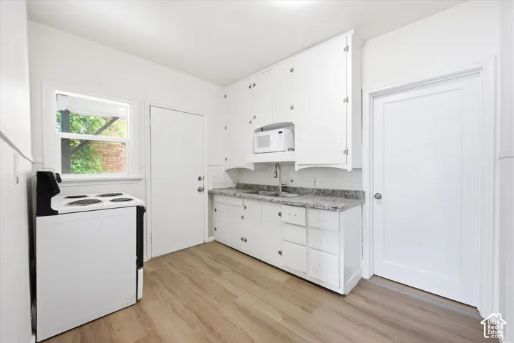 Kitchen featuring white cabinetry, stone-patterned countertops, wood-finish flooring, and a single-basin sink with a goose-neck faucet