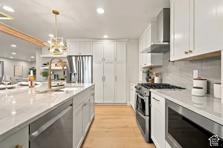 Kitchen featuring white shaker-style cabinetry, quartz countertops with a waterfall edge, stainless steel appliances, a tile backsplash, and wood-finish flooring