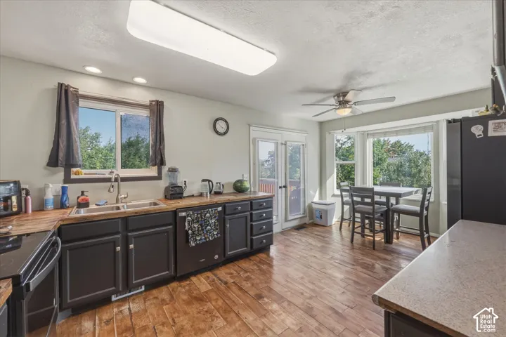 Kitchen featuring dark-finished cabinetry, wood-finish flooring, dual-basin sink with a gooseneck faucet, bay window, and glass-paneled exterior door