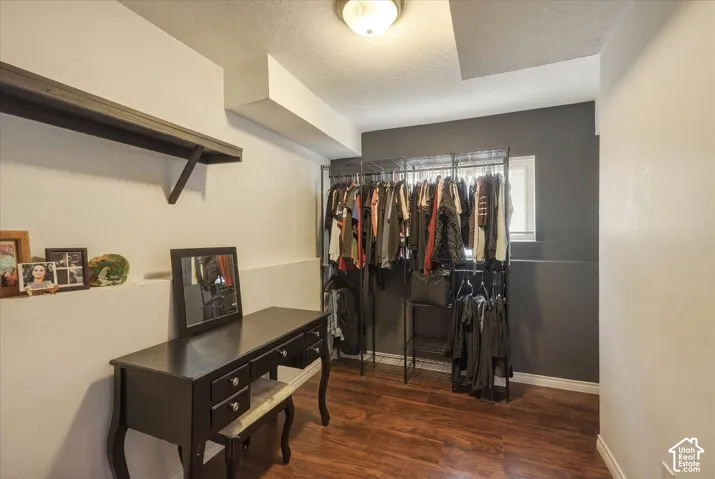Storage space featuring wood-finish flooring, a wall-mounted shelf, and a ceiling-mounted light fixture