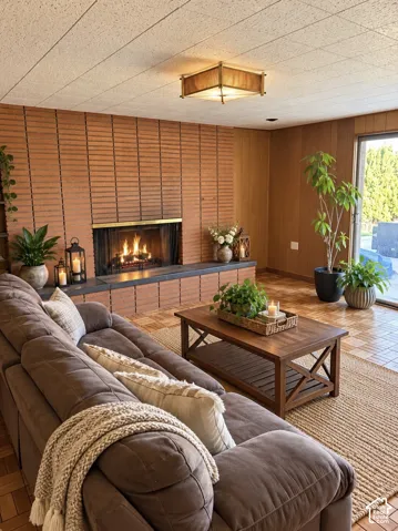 Floor-to-ceiling textured brick fireplace with a stone hearth
