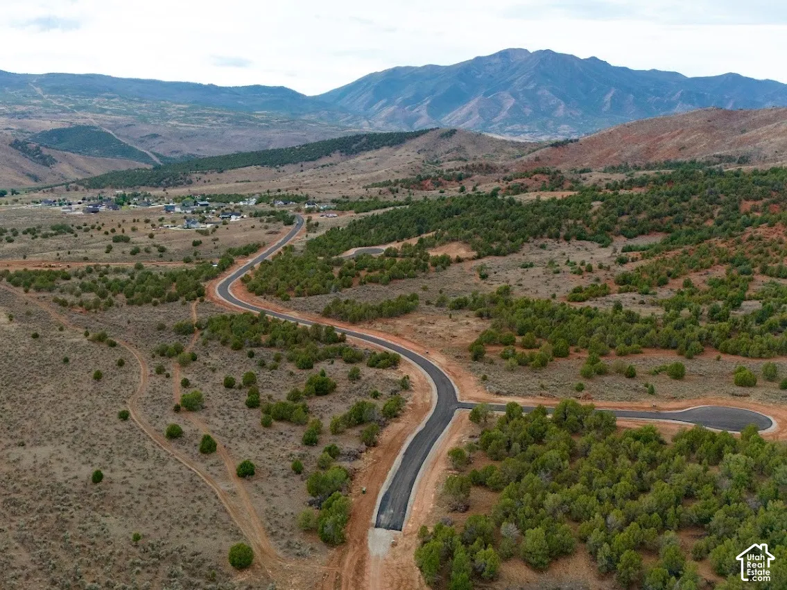 Aerial landscape featuring paved roads, natural terrain, scattered evergreen vegetation, and a prominent mountain range backdrop