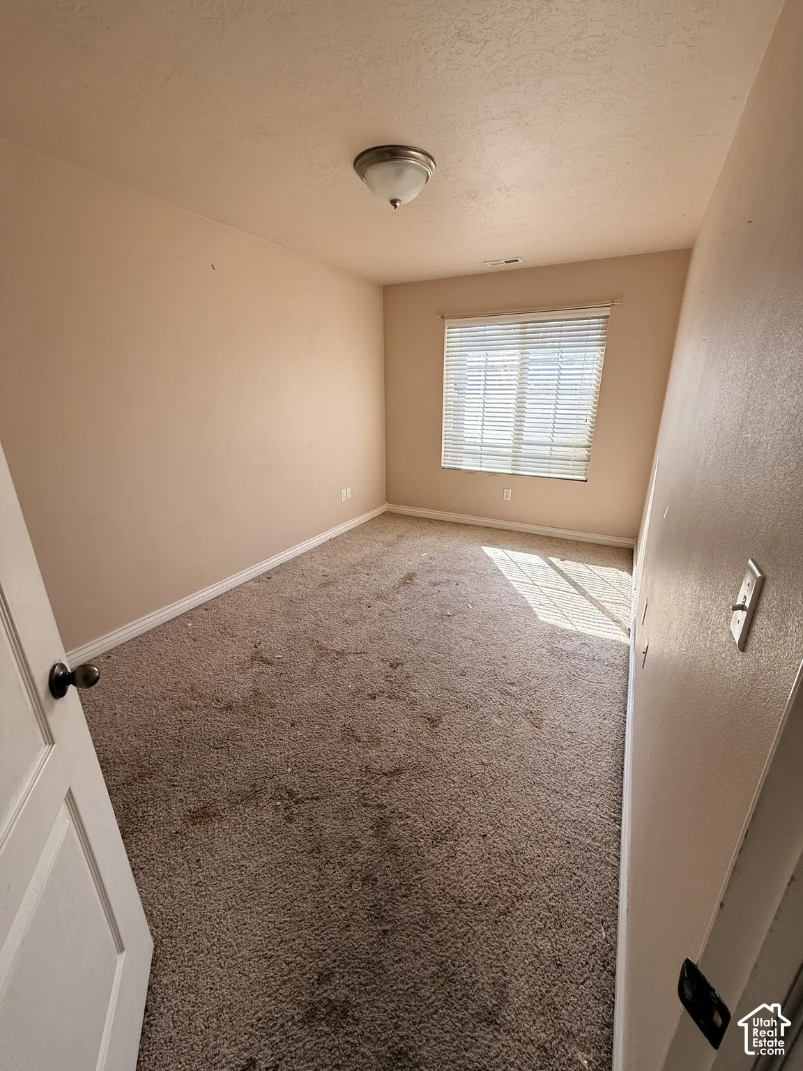 Interior space featuring neutral wall tones, wall-to-wall carpeting, a single-window configuration with horizontal blinds, and a central ceiling-mounted light fixture