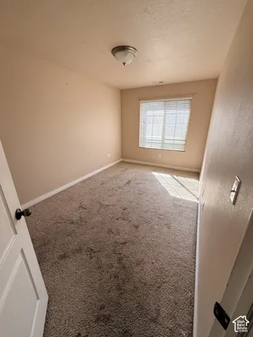 Interior space featuring neutral wall tones, wall-to-wall carpeting, a single-window configuration with horizontal blinds, and a central ceiling-mounted light fixture