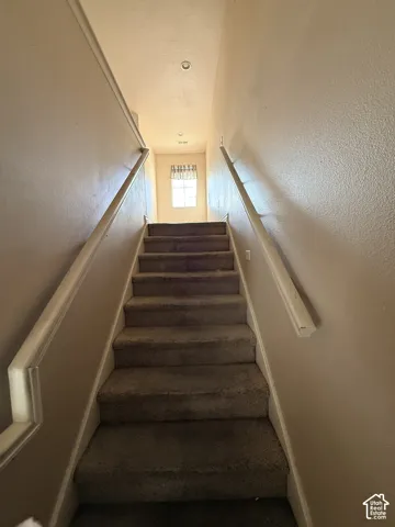 Staircase featuring wall-mounted wooden handrails and carpeted treads