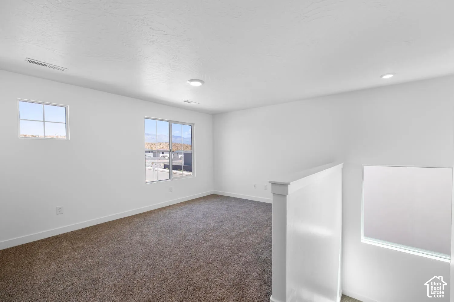 Neutral interior space featuring carpeted flooring, white walls, flush-mount lighting, and grid-patterned windows