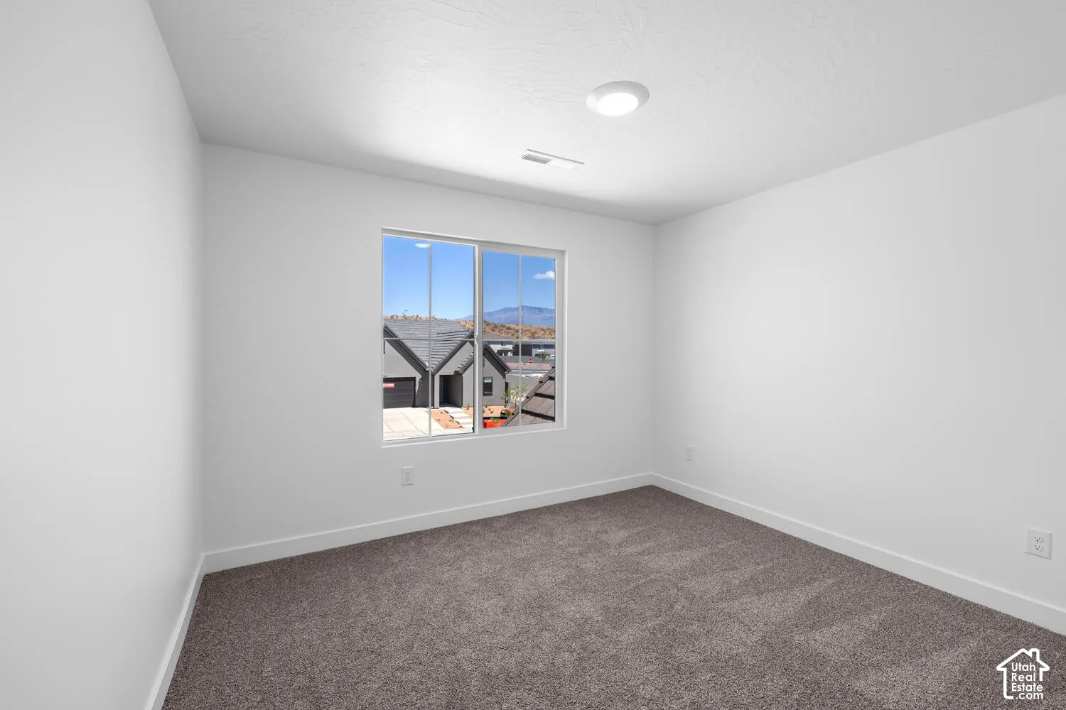 Interior room featuring neutral wall-to-wall carpeting, white walls, flush-mount lighting, and a multi-pane window with mountain scenery