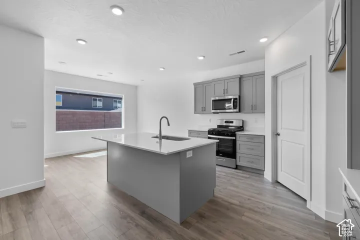 Kitchen featuring grey shaker-style cabinetry, quartz countertops, a central island with an integrated sink and gooseneck faucet, wood-finish flooring, and recessed lighting