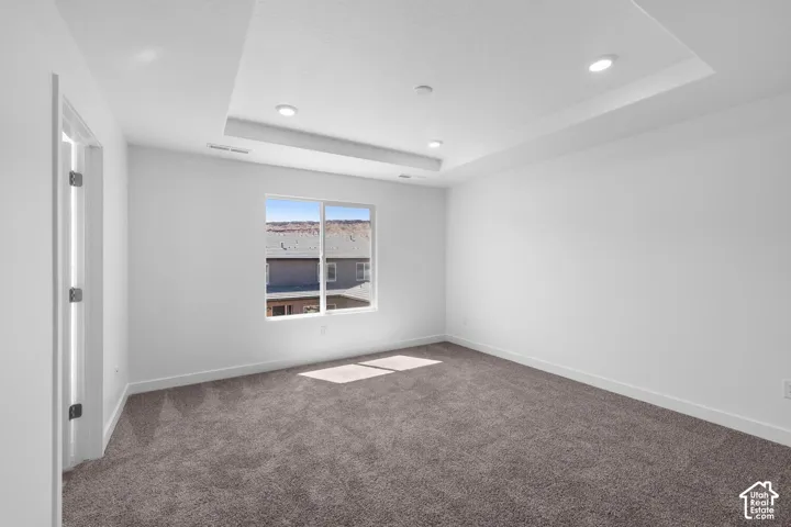 Tray ceiling featuring recessed lighting and wall-to-wall carpeting