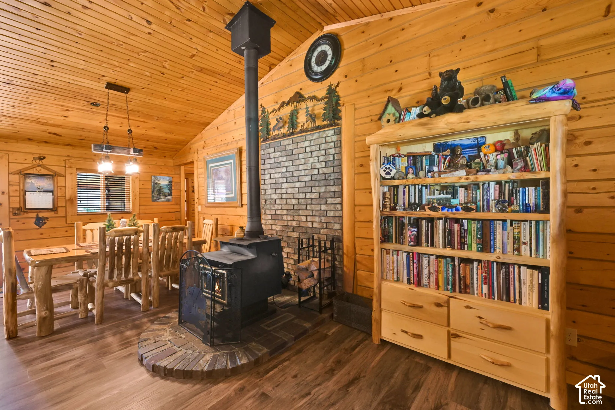 Wood burning stove in dining area off of living room.