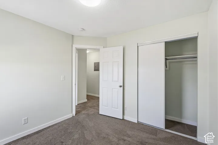 Interior space featuring neutral wall tones, carpeted flooring, a six-panel swing door, and a sliding-door closet with built-in shelving